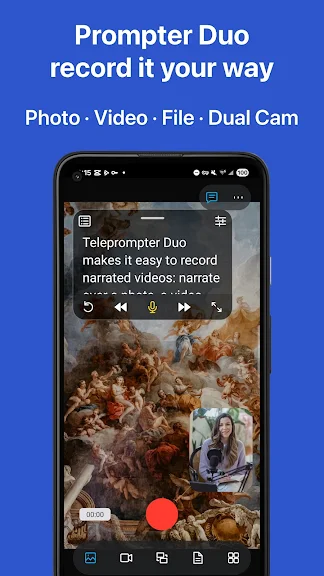 Teleprompter Duo app screenshot showing dual-camera narration